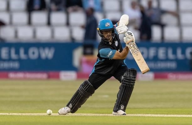 Brett D'Oliveira of Worcestershire Rapids defends during the Vitality T20 Blast match between Northamptonshire Steelbacks and Worcestershire Rapids...