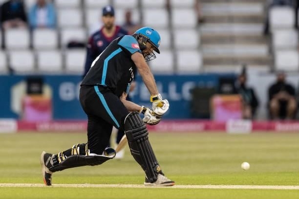 Ross Whiteley of Worcestershire Rapids drives during the Vitality T20 Blast match between Northamptonshire Steelbacks and Worcestershire Rapids at...