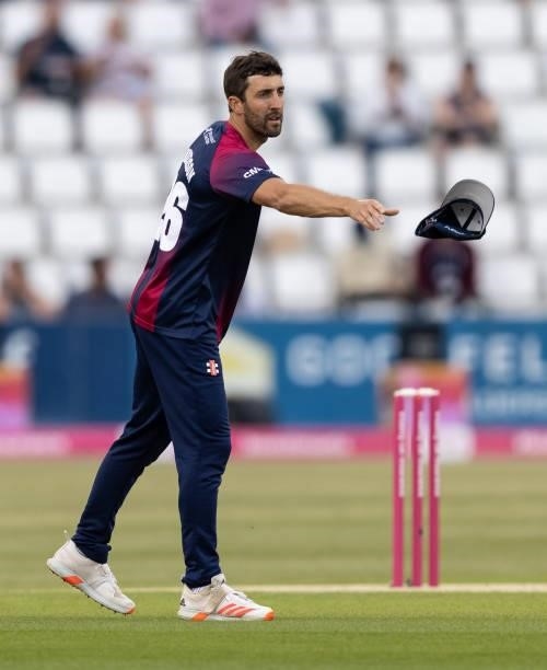 Ben Sanderson of Northamptonshire Steelbacks gets ready to bowl during the Vitality T20 Blast match between Northamptonshire Steelbacks and...