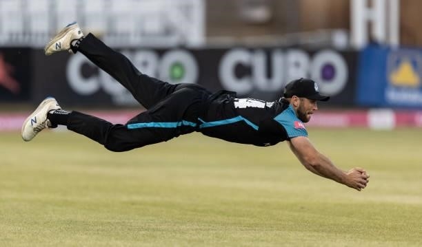 Ross Whiteley of Worcestershire Rapids takes a catch to dismiss Ricardo Vasconcelos of Northamptonshire Steelbacks during the Vitality T20 Blast...