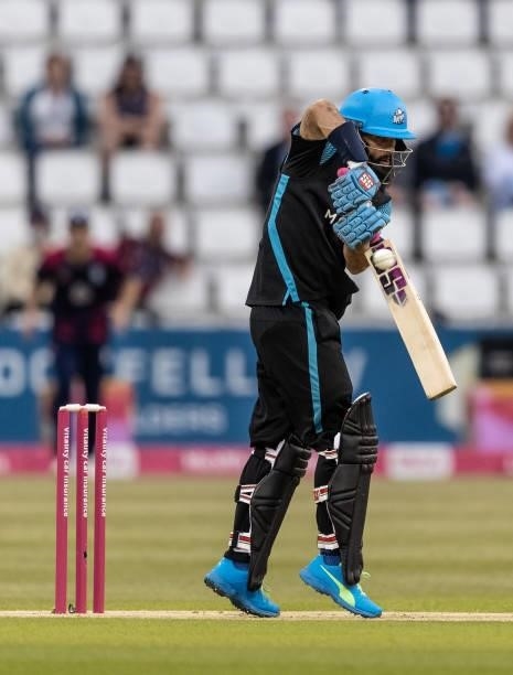 Moeen Ali of Worcestershire Rapids defends during the Vitality T20 Blast match between Northamptonshire Steelbacks and Worcestershire Rapids at The...