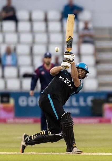 Ross Whiteley of Worcestershire Rapids drives during the Vitality T20 Blast match between Northamptonshire Steelbacks and Worcestershire Rapids at...