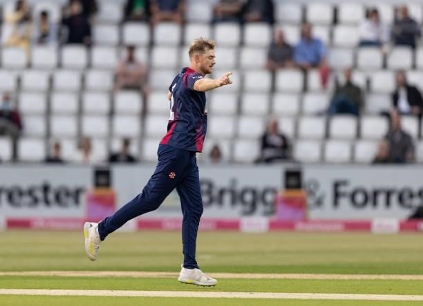 Tom Taylor of Northamptonshire Steelbacks celebrates after taking the wicket of Jake Libby of Worcestershire Rapids during the Vitality T20 Blast...