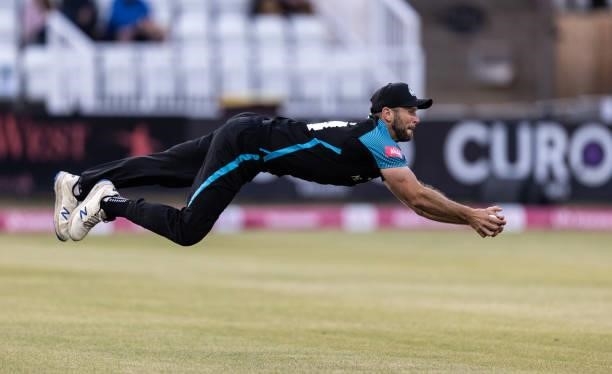 Ross Whiteley of Worcestershire Rapids takes a catch to dismiss Ricardo Vasconcelos of Northamptonshire Steelbacks during the Vitality T20 Blast...