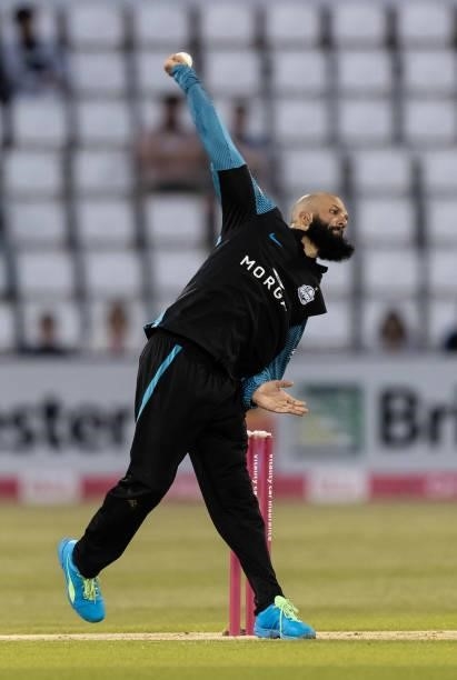 Moeen Ali of Worcestershire Rapids in delivery stride during the Vitality T20 Blast match between Northamptonshire Steelbacks and Worcestershire...