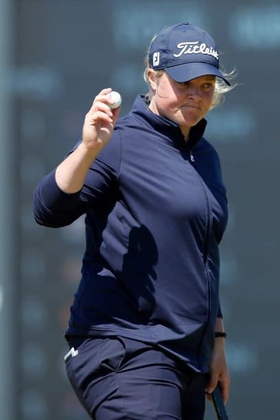 Caroline Hedwall of Sweden acknowledges the crowd on the 18th hole during the third round of The Scandinavian Mixed Hosted by Henrik and Annika at...