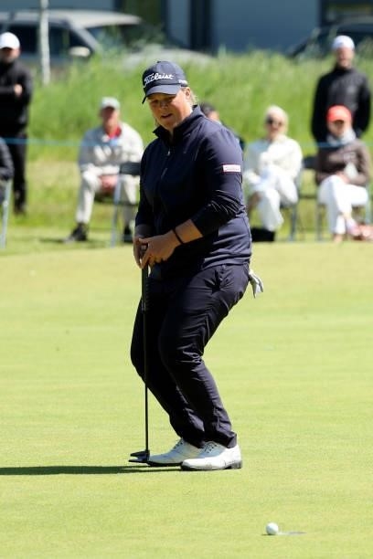 Caroline Hedwall of Sweden reacts to a missed putt on the 16th green during the third round of The Scandinavian Mixed Hosted by Henrik and Annika at...