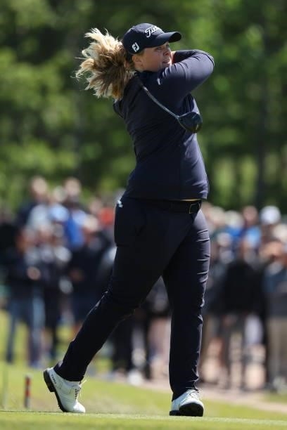 Caroline Hedwall of Sweden tees off on the 17th hole during the third round of The Scandinavian Mixed Hosted by Henrik and Annika at Vallda Golf &...