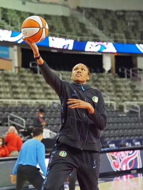 Azura Stevens of the Chicago Sky warms up before the game against the Indiana Fever. On June 12, 2021 at Bankers Life Fieldhouse in Indianapolis,...
