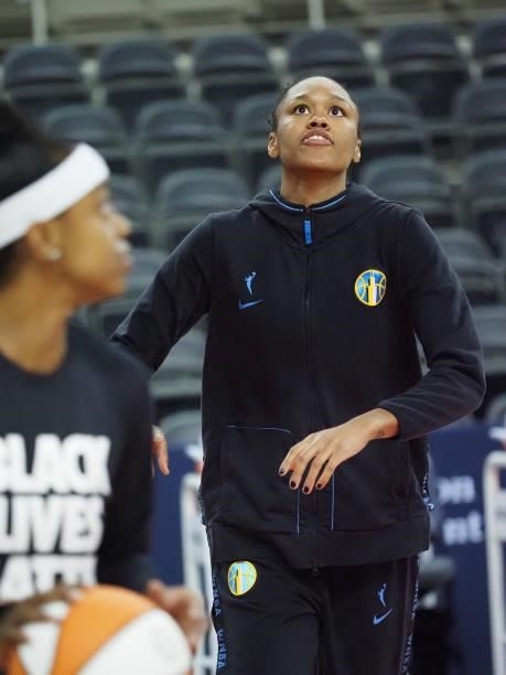 Azura Stevens of the Chicago Sky looks on before the game against the Indiana Fever. On June 12, 2021 at Bankers Life Fieldhouse in Indianapolis,...