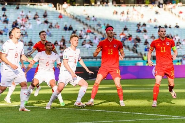 Kieffer Moore of Wales in action during the UEFA Euro 2020 Championship Group A match between Wales and Switzerland on June 12, 2021 in Baku,...