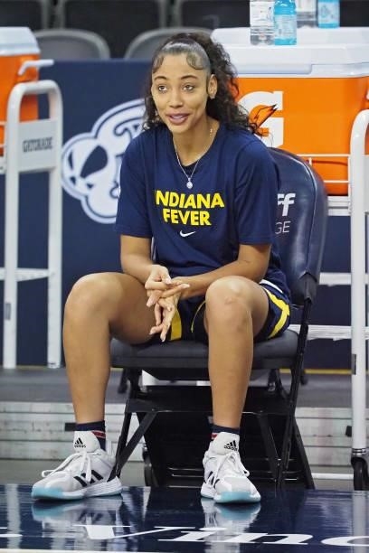Victoria Vivians of the Indiana Fever smiles before the game against the Chicago Sky on June 12, 2021 at Bankers Life Fieldhouse in Indianapolis,...