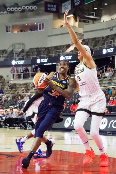 Jessica Breland of the Indiana Fever drives to the basket against the Chicago Sky on June 12, 2021 at Bankers Life Fieldhouse in Indianapolis,...