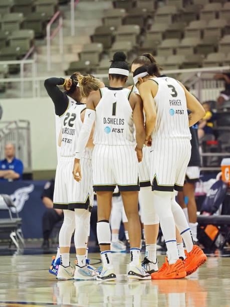 The Chicago Sky huddle up before the game against the Indiana Fever on June 12, 2021 at Bankers Life Fieldhouse in Indianapolis, Indiana. NOTE TO...