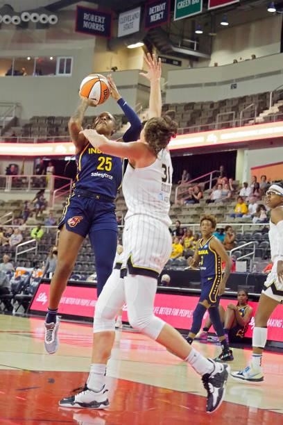 Tiffany Mitchell of the Indiana Fever shoots the ball against the Chicago Sky on June 12, 2021 at Bankers Life Fieldhouse in Indianapolis, Indiana....