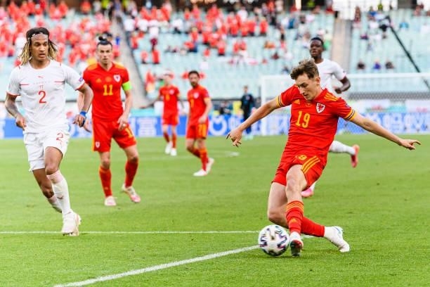 David Brooks of Wales looks to bring the ball down during the UEFA Euro 2020 Championship Group A match between Wales and Switzerland on June 12,...