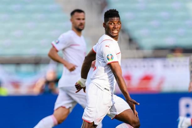 Breel Embolo of Switzerland gestures during the UEFA Euro 2020 Championship Group A match between Wales and Switzerland on June 12, 2021 in Baku,...