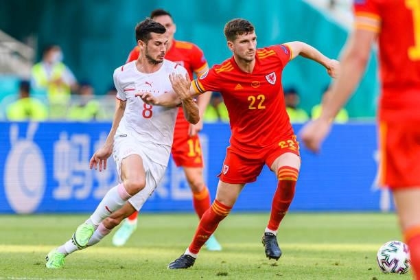 Remo Freuler of Switzerland fights for the ball with Christopher Mepham of Wales during the UEFA Euro 2020 Championship Group A match between Wales...