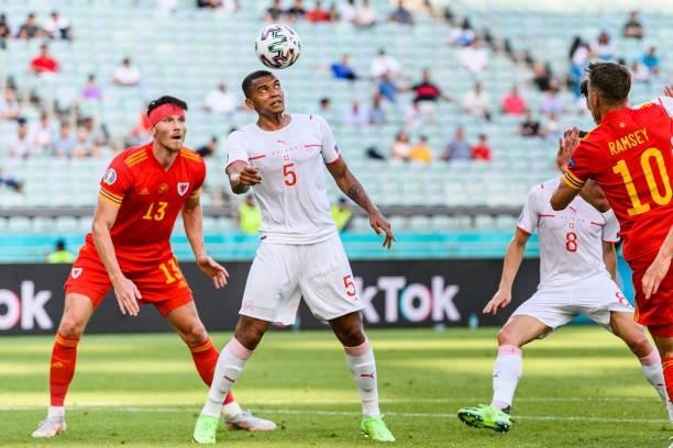 Manuel Akanji of Switzerland controls the ball during the UEFA Euro 2020 Championship Group A match between Wales and Switzerland on June 12, 2021 in...