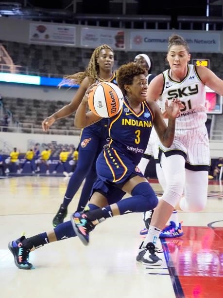 Danielle Robinson of the Indiana Fever drives to the basket against the Chicago Sky on June 12, 2021 at Bankers Life Fieldhouse in Indianapolis,...