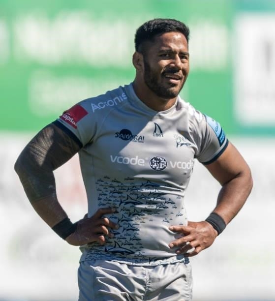 Sale Sharks' Manu Tuilagi during the Gallagher Premiership Rugby match between Exeter Chiefs and Sale at Sandy Park on June 12, 2021 in Exeter,...