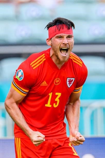 Kieffer Moore of Wales celebrating his goal during the UEFA Euro 2020 Championship Group A match between Wales and Switzerland on June 12, 2021 in...