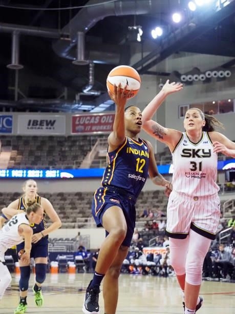 Lindsay Allen of the Indiana Fever drives to the basket against the Chicago Sky on June 12, 2021 at Bankers Life Fieldhouse in Indianapolis, Indiana....