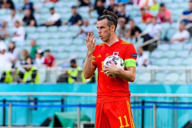 Gareth Bale of Wales in action during the UEFA Euro 2020 Championship Group A match between Wales and Switzerland on June 12, 2021 in Baku,...
