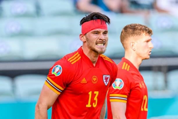 Kieffer Moore of Wales celebrating his goal during the UEFA Euro 2020 Championship Group A match between Wales and Switzerland on June 12, 2021 in...