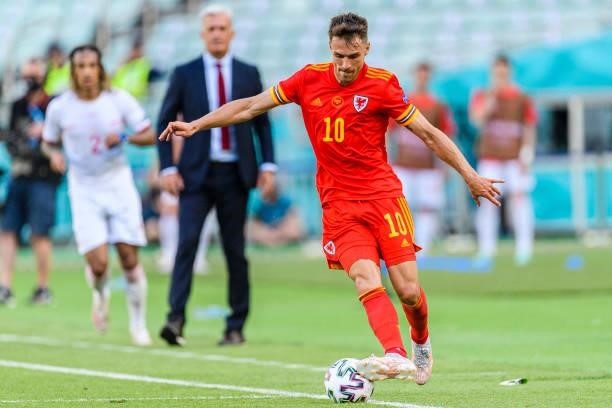 Aaron Ramsey of Wales in action during the UEFA Euro 2020 Championship Group A match between Wales and Switzerland on June 12, 2021 in Baku,...