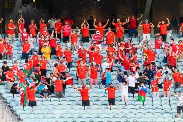 Wales supporters celebrating a goal scored by Kieffer Moore during the UEFA Euro 2020 Championship Group A match between Wales and Switzerland on...