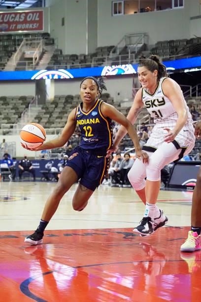 Lindsay Allen of the Indiana Fever drives to the basket against the Chicago Sky on June 12, 2021 at Bankers Life Fieldhouse in Indianapolis, Indiana....