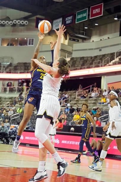 Tiffany Mitchell of the Indiana Fever shoots the ball against the Chicago Sky on June 12, 2021 at Bankers Life Fieldhouse in Indianapolis, Indiana....