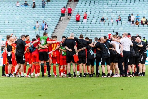 Wales squad gathering after the UEFA Euro 2020 Championship Group A match between Wales and Switzerland on June 12, 2021 in Baku, Azerbaijan.