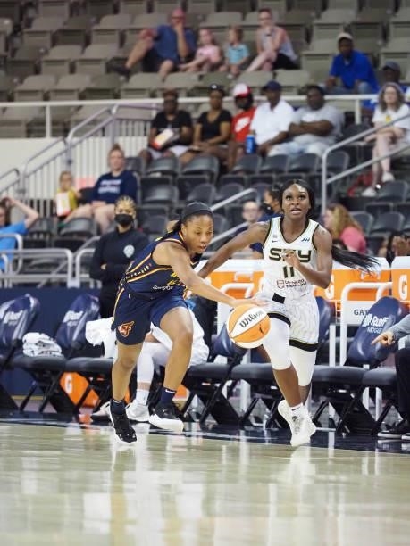 Lindsay Allen of the Indiana Fever steals the ball against the Chicago Sky on June 12, 2021 at Bankers Life Fieldhouse in Indianapolis, Indiana. NOTE...