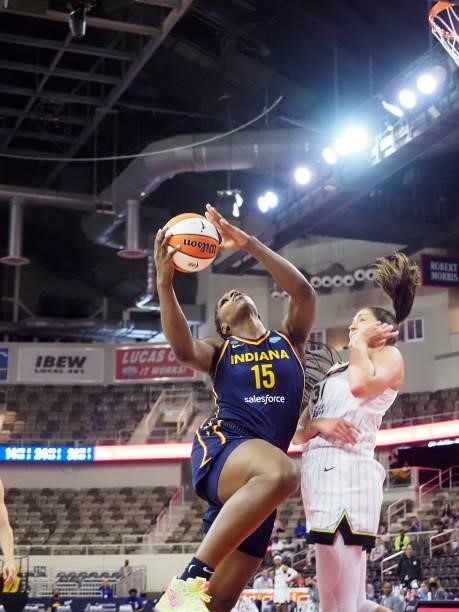 Teaira McCowan of the Indiana Fever drives to the basket against the Chicago Skyon June 12, 2021 at Bankers Life Fieldhouse in Indianapolis, Indiana....