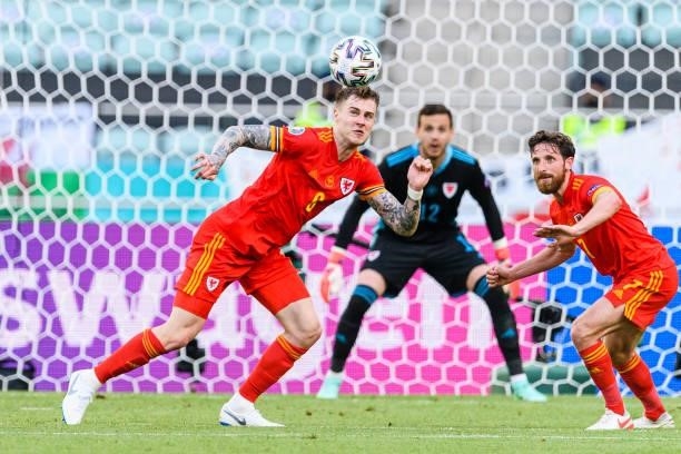Joe Rodon of Wales heads the ball during the UEFA Euro 2020 Championship Group A match between Wales and Switzerland on June 12, 2021 in Baku,...