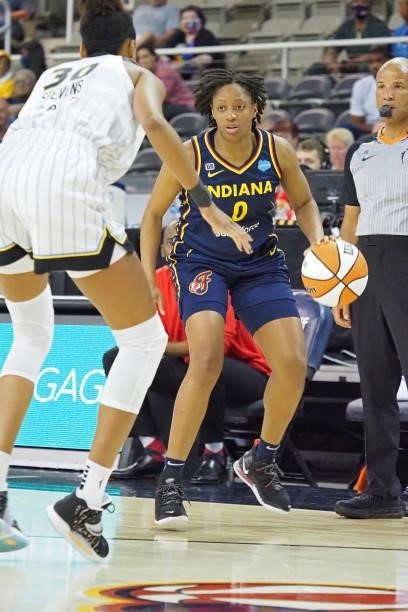 Kelsey Mitchell of the Indiana Fever dribbles during the game against the Chicago Sky on June 12, 2021 at Bankers Life Fieldhouse in Indianapolis,...