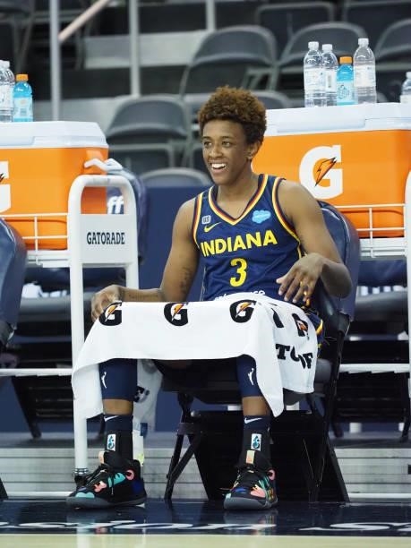 Danielle Robinson of the Indiana Fever smiles during the game against the Chicago Sky on June 12, 2021 at Bankers Life Fieldhouse in Indianapolis,...