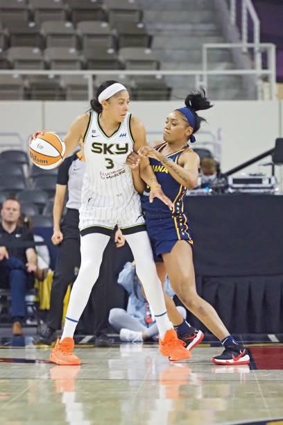 Candace Parker of the Chicago Sky dribbles during the game against the Indiana Fever on June 12, 2021 at Bankers Life Fieldhouse in Indianapolis,...