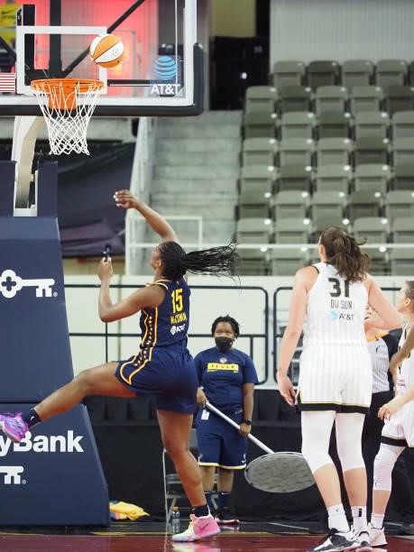 Teaira McCowan of the Indiana Fever shoots the ball against the Chicago Sky on June 12, 2021 at Bankers Life Fieldhouse in Indianapolis, Indiana....