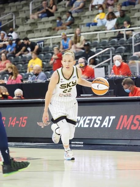 Courtney Vandersloot of the Chicago Sky dribbles during the game against the Chicago Sky on June 12, 2021 at Bankers Life Fieldhouse in Indianapolis,...