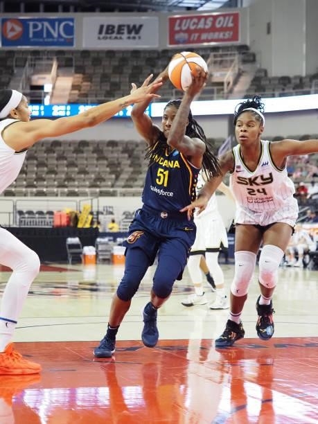 Jessica Breland of the Indiana Fever drives to the basket against the Chicago Sky on June 12, 2021 at Bankers Life Fieldhouse in Indianapolis,...