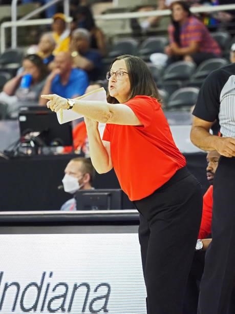 Marianne Stanley head coach of the Indiana Fever calls play during the game against the Chicago Sky on June 12, 2021 at Bankers Life Fieldhouse in...