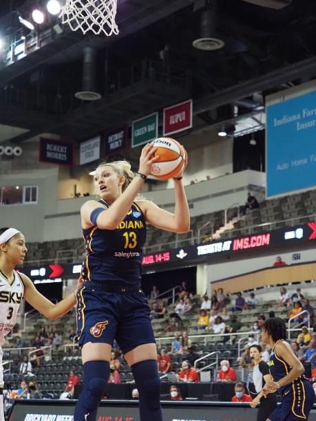 Lauren Cox of the Indiana Fever rebounds during the game against the Chicago Sky on June 12, 2021 at Bankers Life Fieldhouse in Indianapolis,...