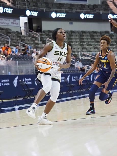 Dana Evans of the Chicago Sky looks to shoot against the Indiana Fever on June 12, 2021 at Bankers Life Fieldhouse in Indianapolis, Indiana. NOTE TO...