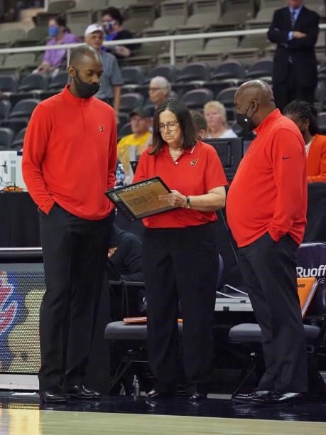 Marianne Stanley head coach of the Indiana Fever draws up a play on June 12, 2021 at Bankers Life Fieldhouse in Indianapolis, Indiana. NOTE TO USER:...