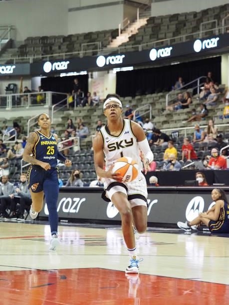 Diamond DeShields of the Chicago Sky drives to the basket against the Indiana Fever on June 12, 2021 at Bankers Life Fieldhouse in Indianapolis,...
