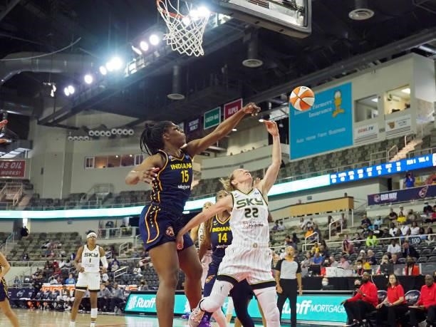Teaira McCowan of the Indiana Fever blocks shot against the Chicago Sky on June 12, 2021 at Bankers Life Fieldhouse in Indianapolis, Indiana. NOTE TO...