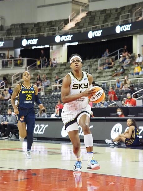 Diamond DeShields of the Chicago Sky drives to the basket against the Indiana Fever on June 12, 2021 at Bankers Life Fieldhouse in Indianapolis,...